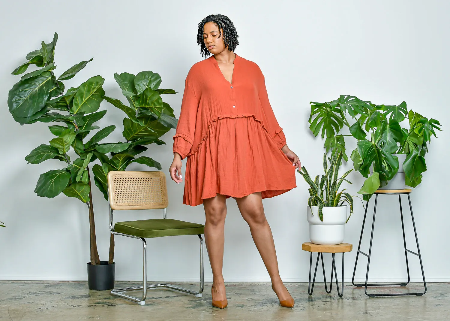 Half Button Ruffle Trim Dress