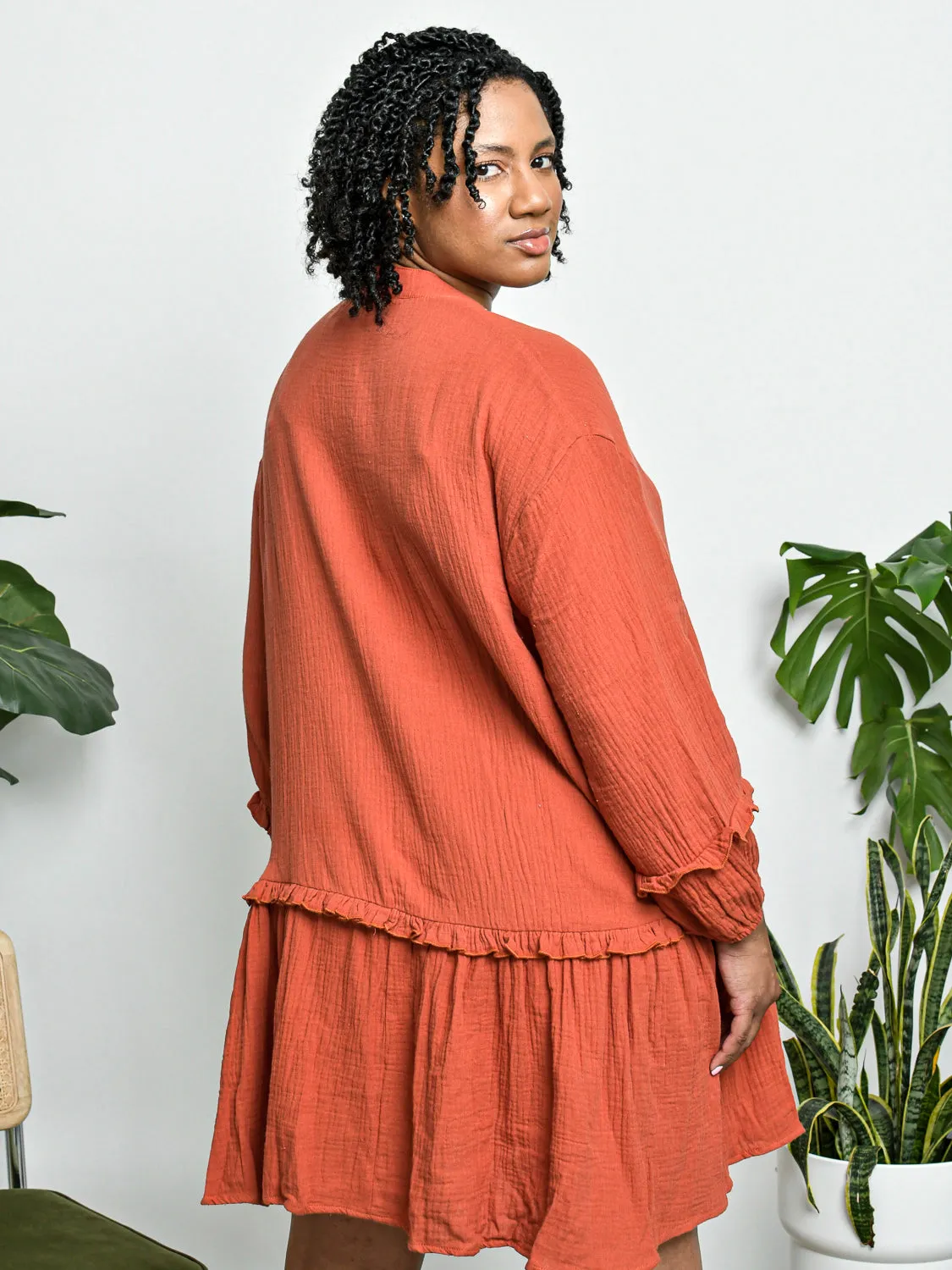 Half Button Ruffle Trim Dress