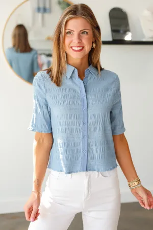 Half Sleeve Textured Button Down - Powder Blue