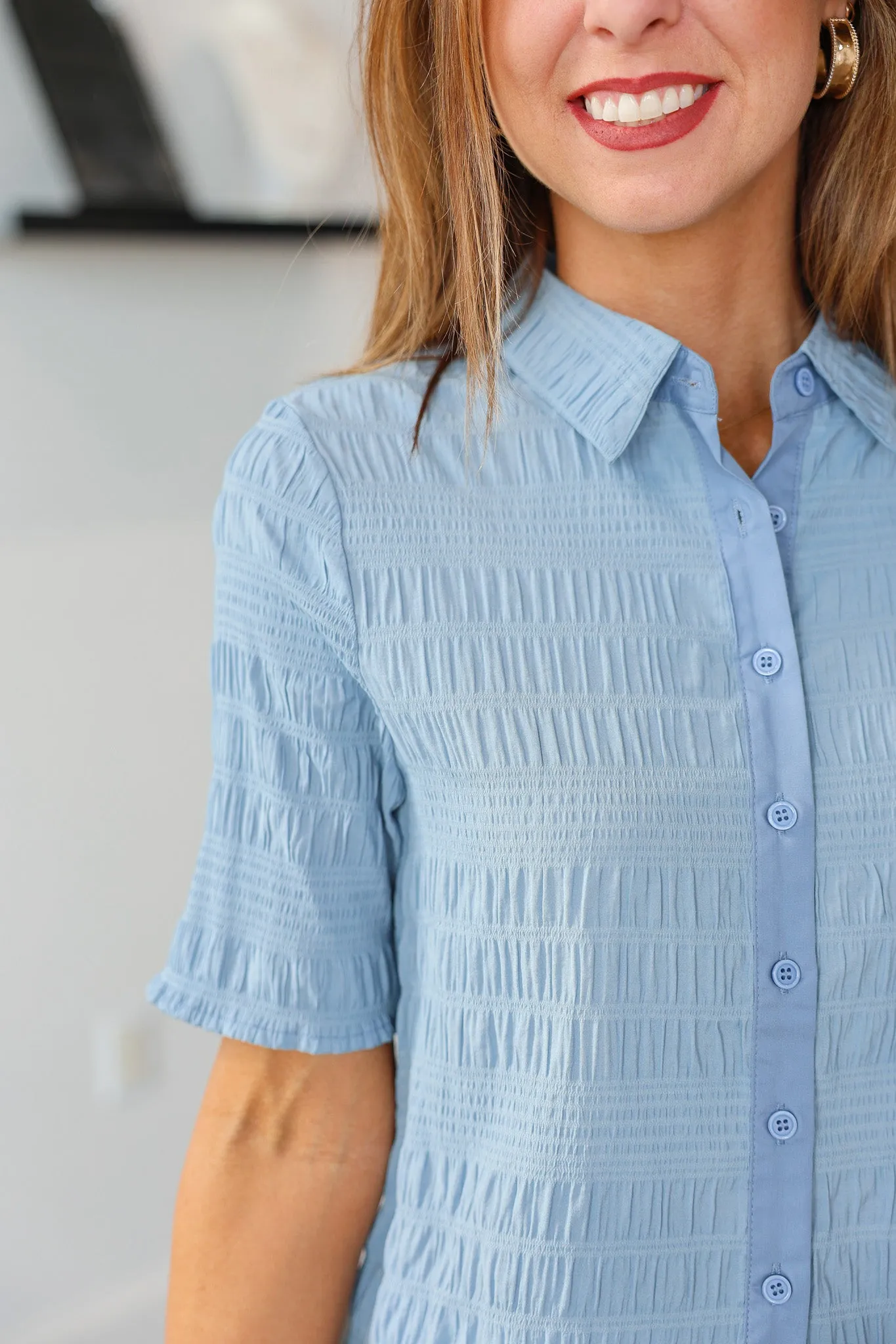 Half Sleeve Textured Button Down - Powder Blue
