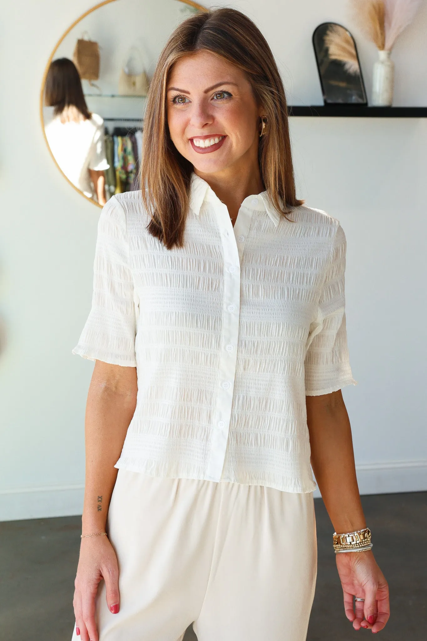 Half Sleeve Textured Button Down Top - White