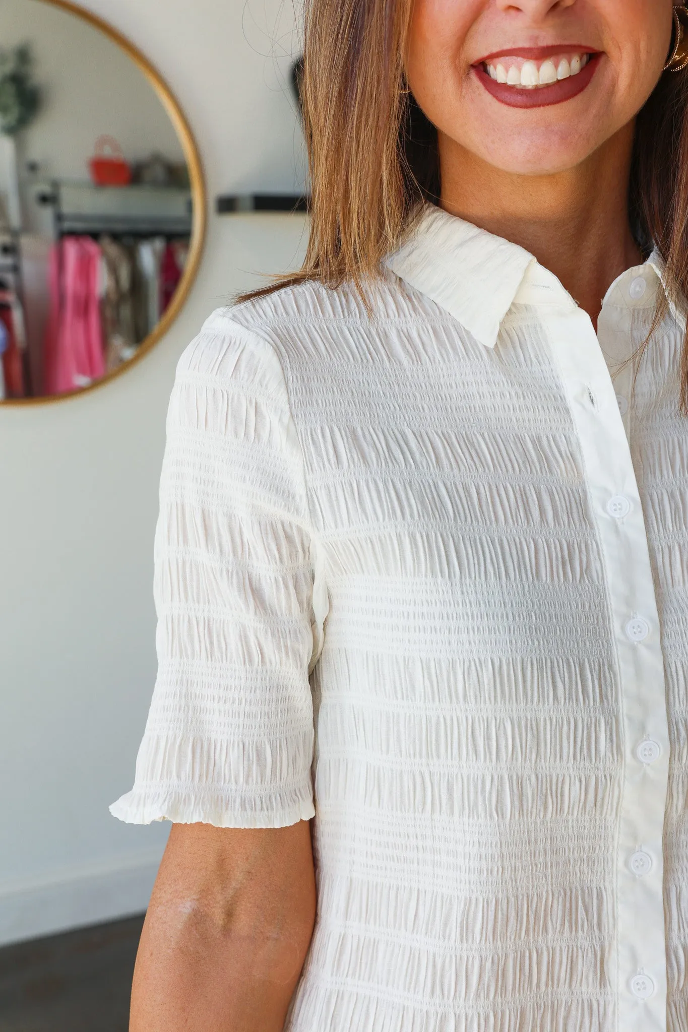 Half Sleeve Textured Button Down Top - White