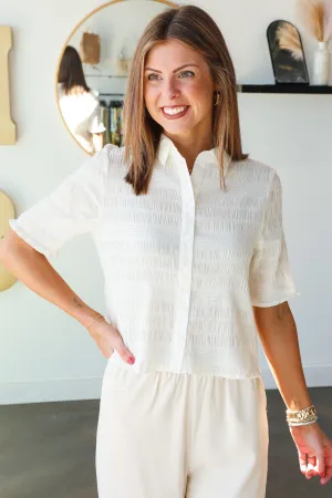 Half Sleeve Textured Button Down Top - White