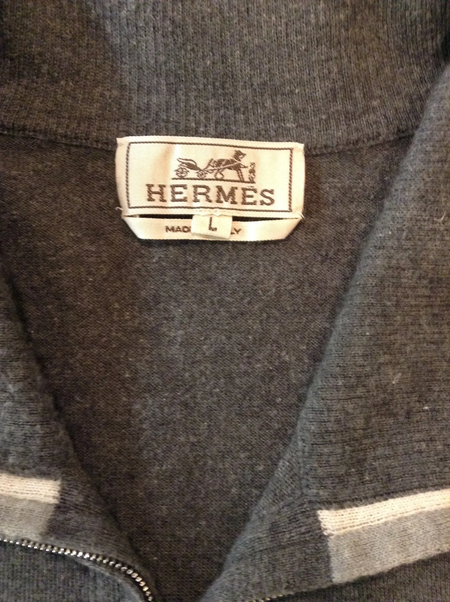 Hermes - Long Sleeve Grey Zip Neck Sweater - L
