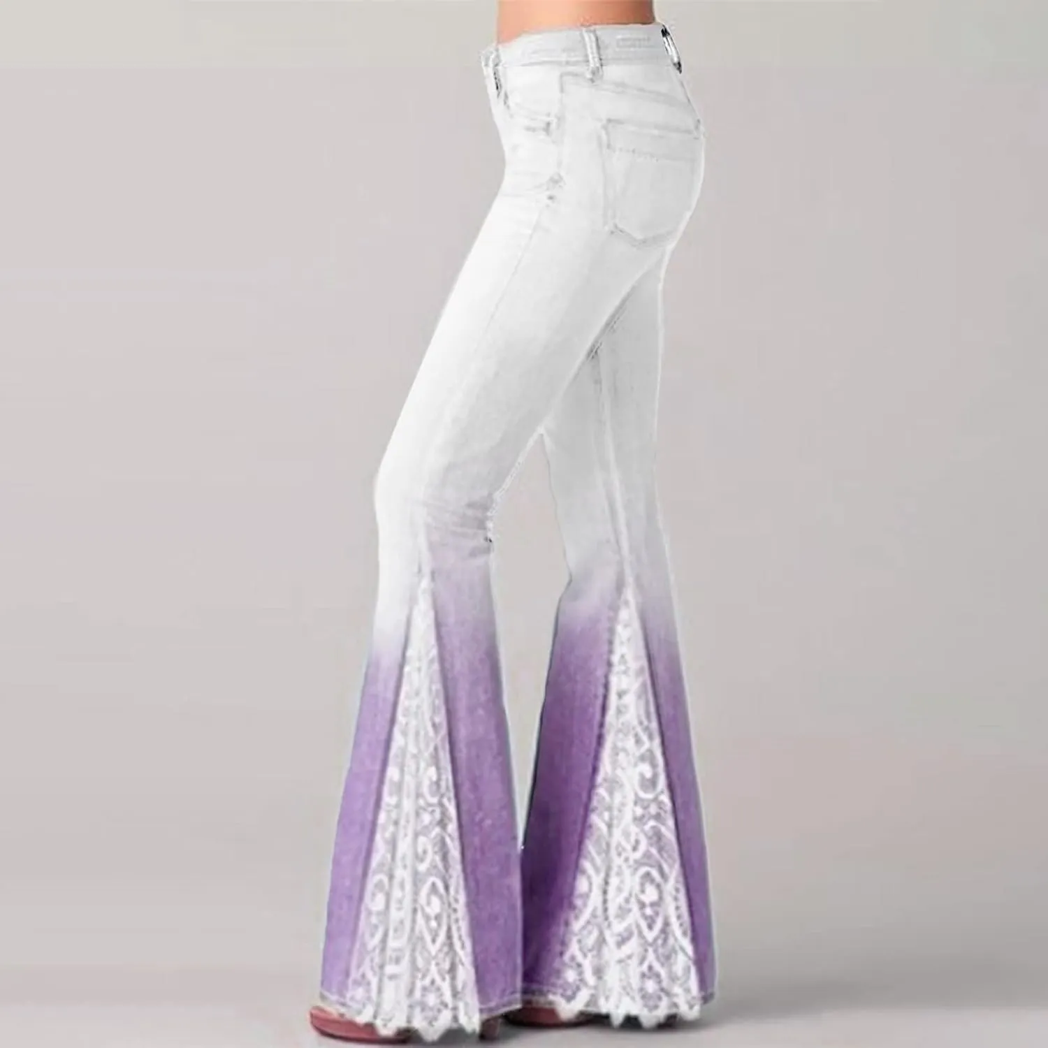 HGps8w Womens Floral Lace Flare Jeans High Waisted Stretch Bell Bottom Trendy Gradient Patchwork Bootcut Denim Palazzo Pants
