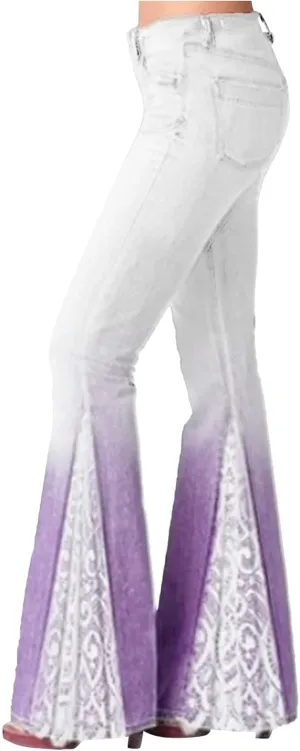 HGps8w Womens Floral Lace Flare Jeans High Waisted Stretch Bell Bottom Trendy Gradient Patchwork Bootcut Denim Palazzo Pants