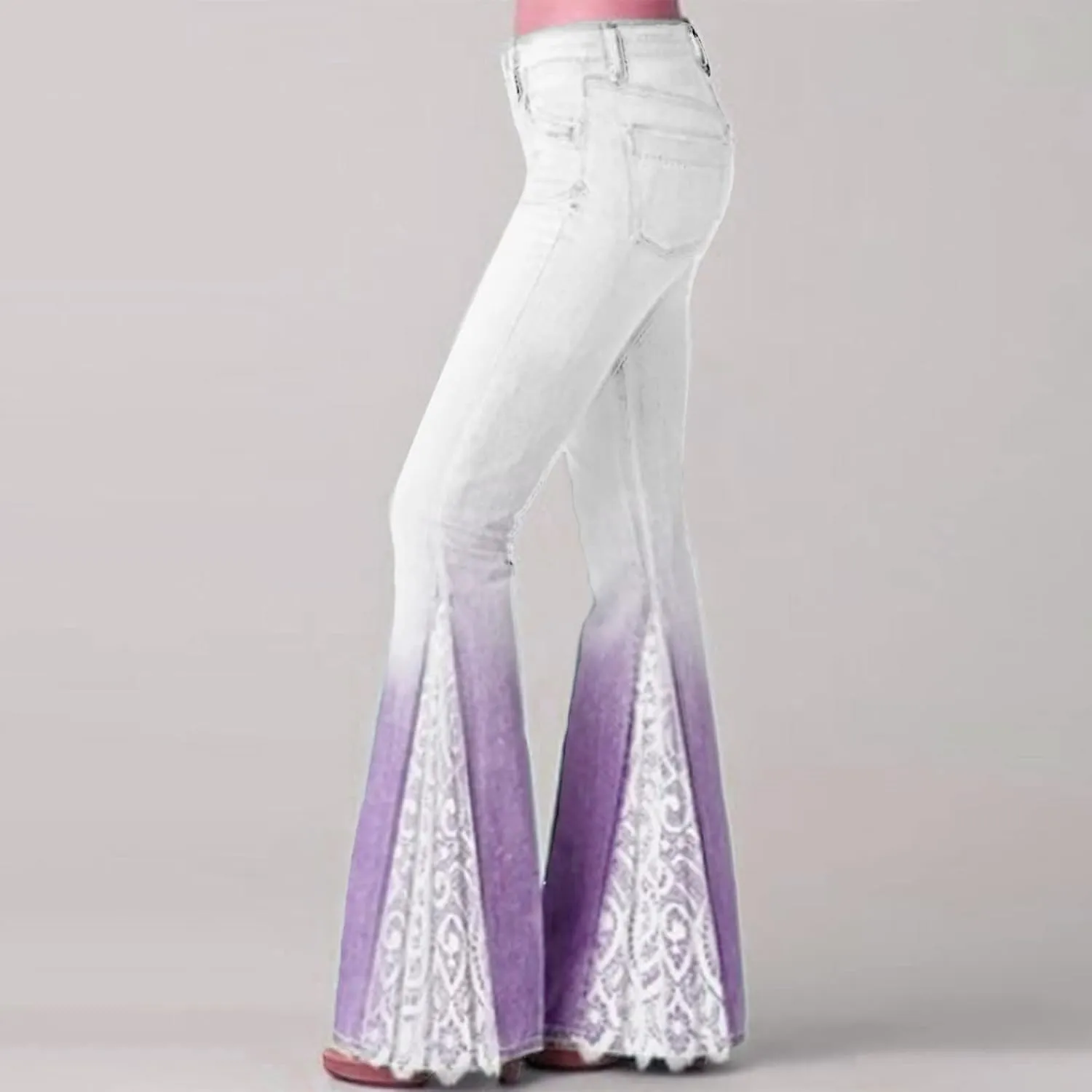 HGps8w Womens Floral Lace Flare Jeans High Waisted Stretch Bell Bottom Trendy Gradient Patchwork Bootcut Denim Palazzo Pants