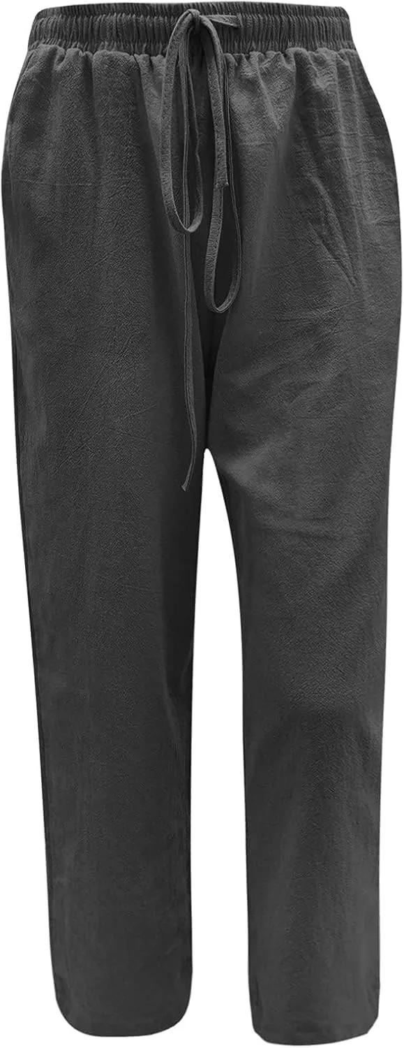 High Waisted Linen Pants Women Summer Drawstring Waist Wide Leg Loose Palazzo Pants Casual Beach Trousers with Pocket