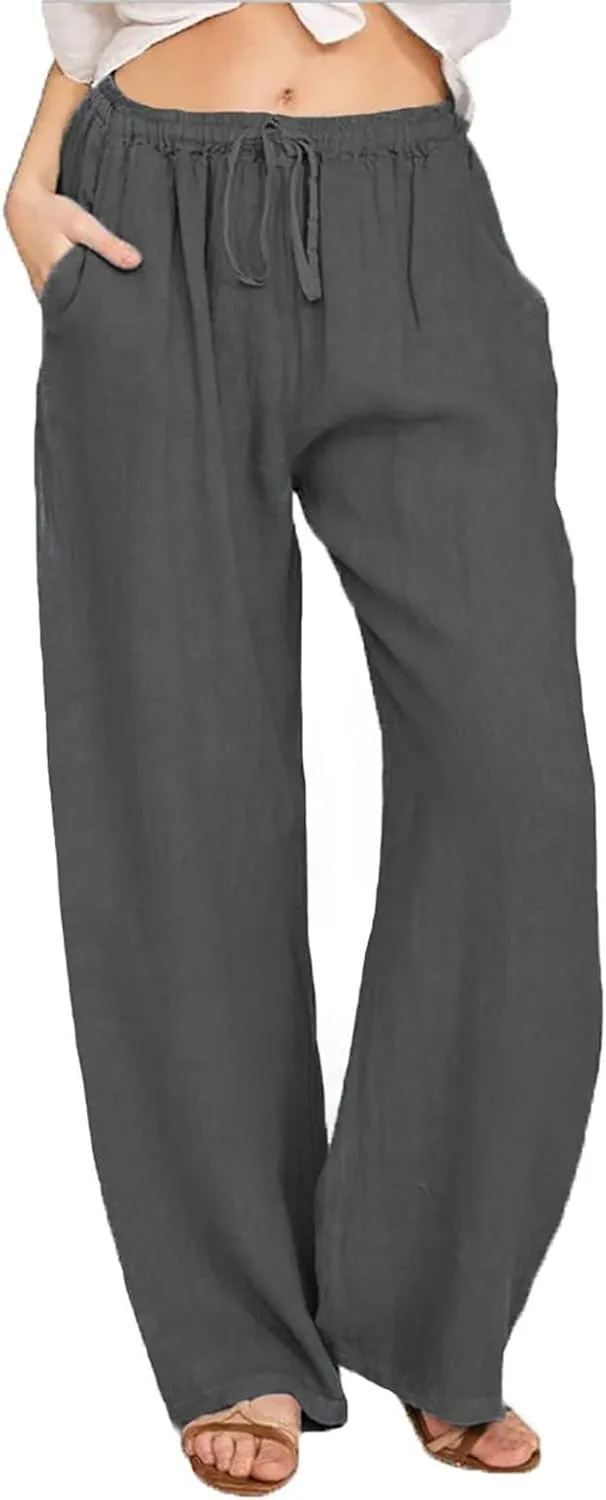 High Waisted Linen Pants Women Summer Drawstring Waist Wide Leg Loose Palazzo Pants Casual Beach Trousers with Pocket