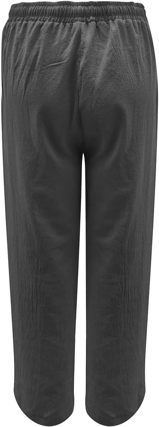 High Waisted Linen Pants Women Summer Drawstring Waist Wide Leg Loose Palazzo Pants Casual Beach Trousers with Pocket