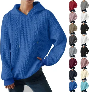 Hooded Sweatshirt Women Pullover Drawstring Loose Sweaters Trendy Oversized Long Sleeve Shirt Solid Top with Pocket