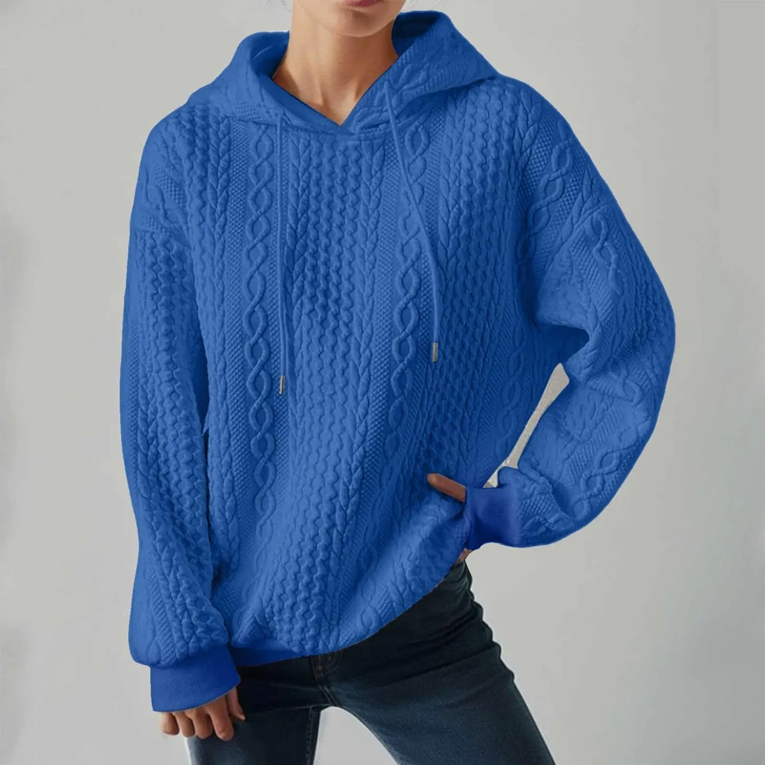 Hooded Sweatshirt Women Pullover Drawstring Loose Sweaters Trendy Oversized Long Sleeve Shirt Solid Top with Pocket
