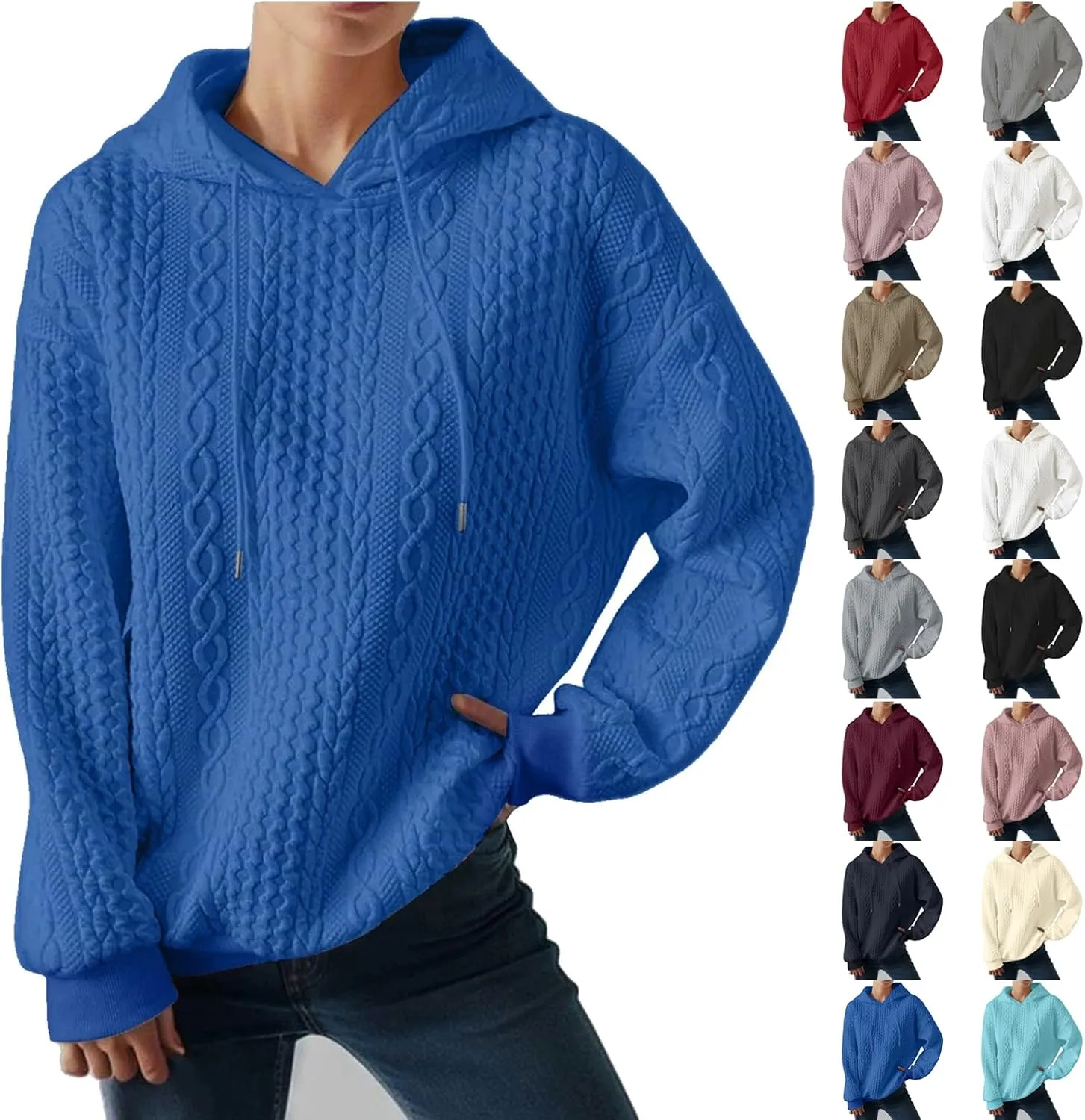 Hooded Sweatshirt Women Pullover Drawstring Loose Sweaters Trendy Oversized Long Sleeve Shirt Solid Top with Pocket