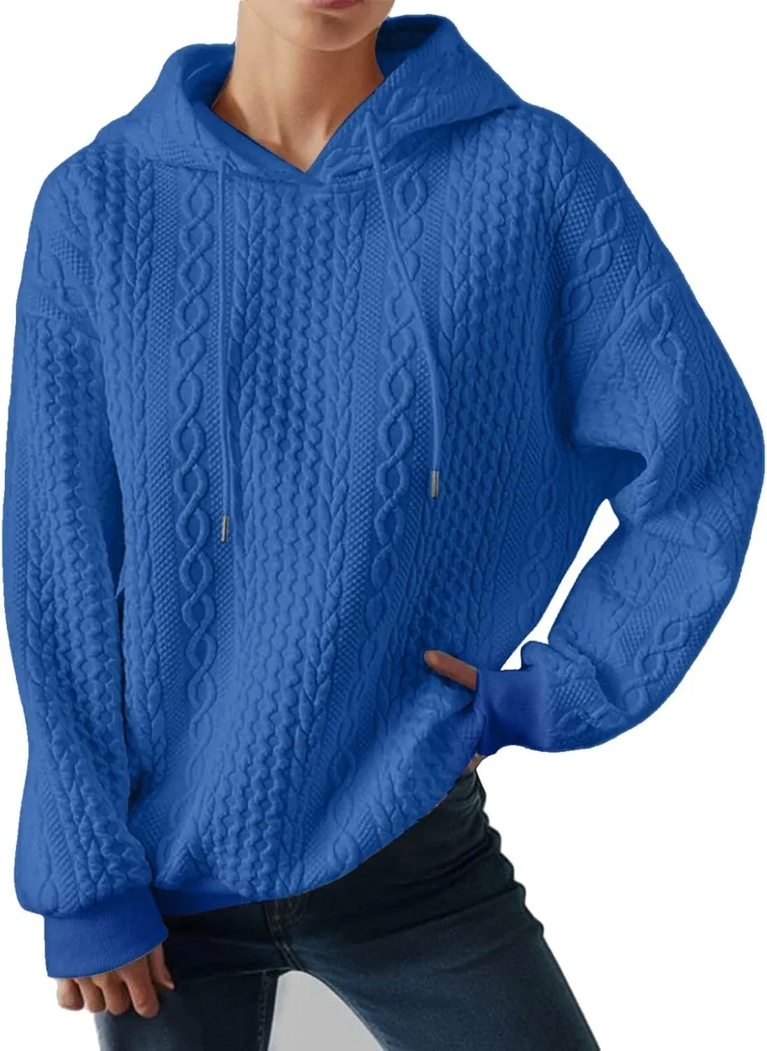 Hooded Sweatshirt Women Pullover Drawstring Loose Sweaters Trendy Oversized Long Sleeve Shirt Solid Top with Pocket
