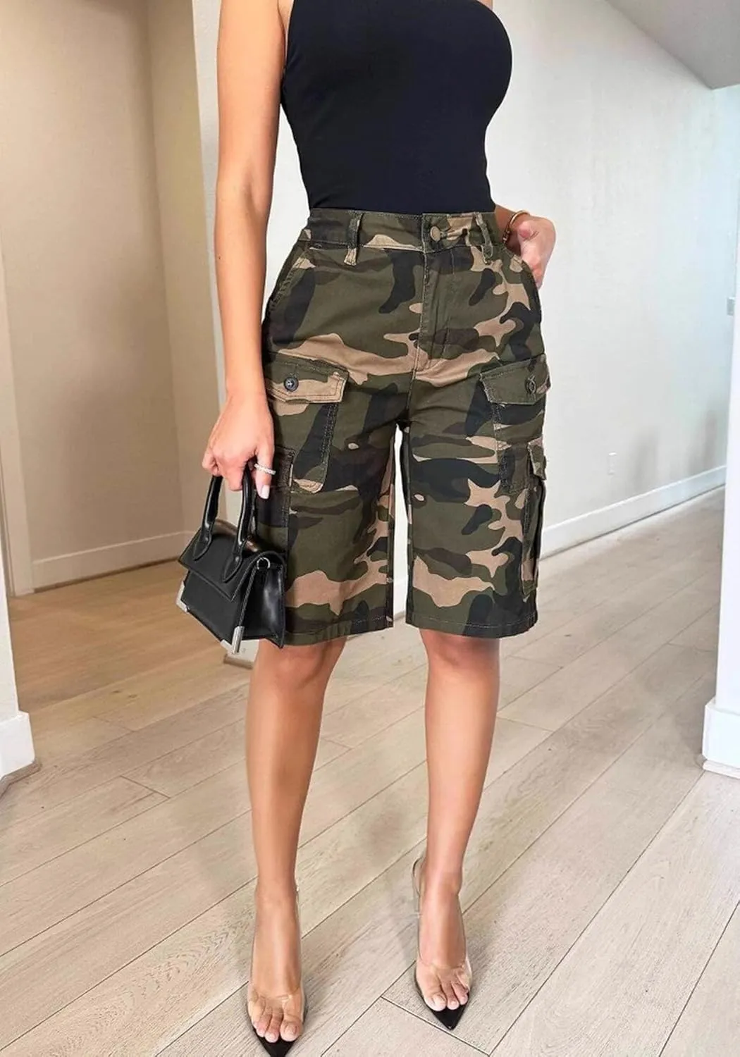 HuiSiFang Womens Camo Cargo Shorts High Waist Y2K Wide Leg Casual Hot Short Pants Streetwear