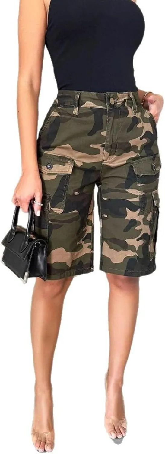 HuiSiFang Womens Camo Cargo Shorts High Waist Y2K Wide Leg Casual Hot Short Pants Streetwear