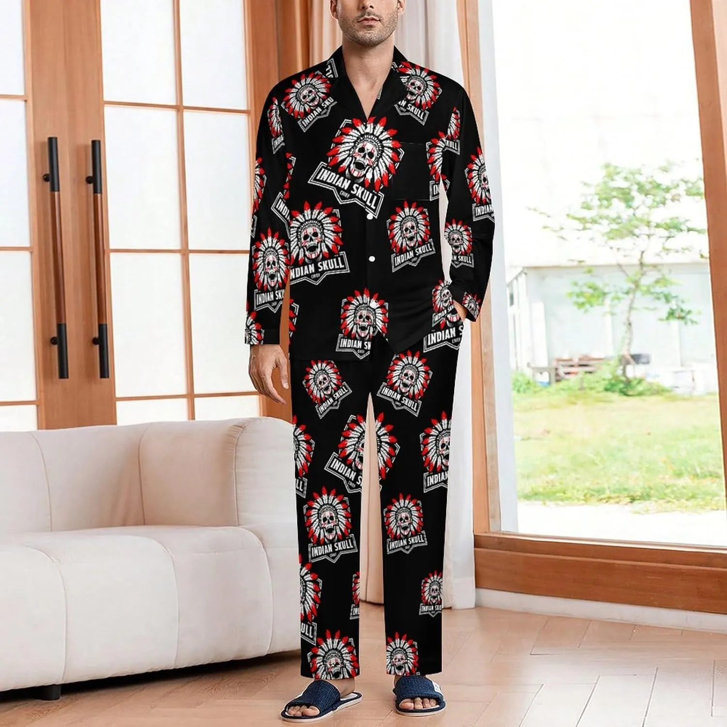 Indian Skull 2 PCS Men Pajama Set Long Sleeve Button-down Shirts Tops & Sleep Pants Loungewear