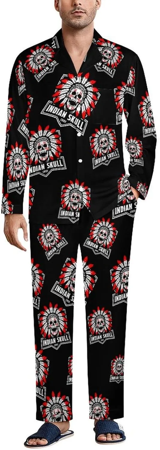 Indian Skull 2 PCS Men Pajama Set Long Sleeve Button-down Shirts Tops & Sleep Pants Loungewear