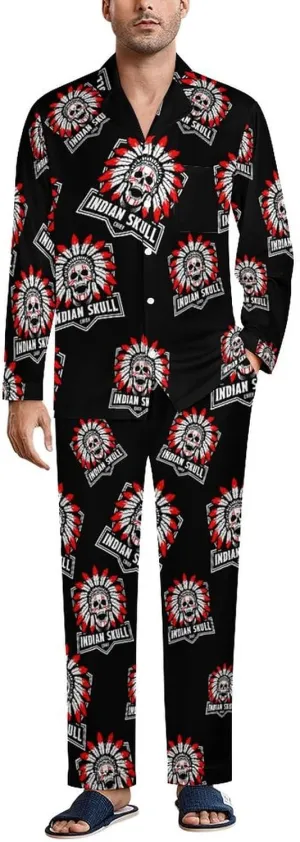 Indian Skull 2 PCS Men Pajama Set Long Sleeve Button-down Shirts Tops & Sleep Pants Loungewear