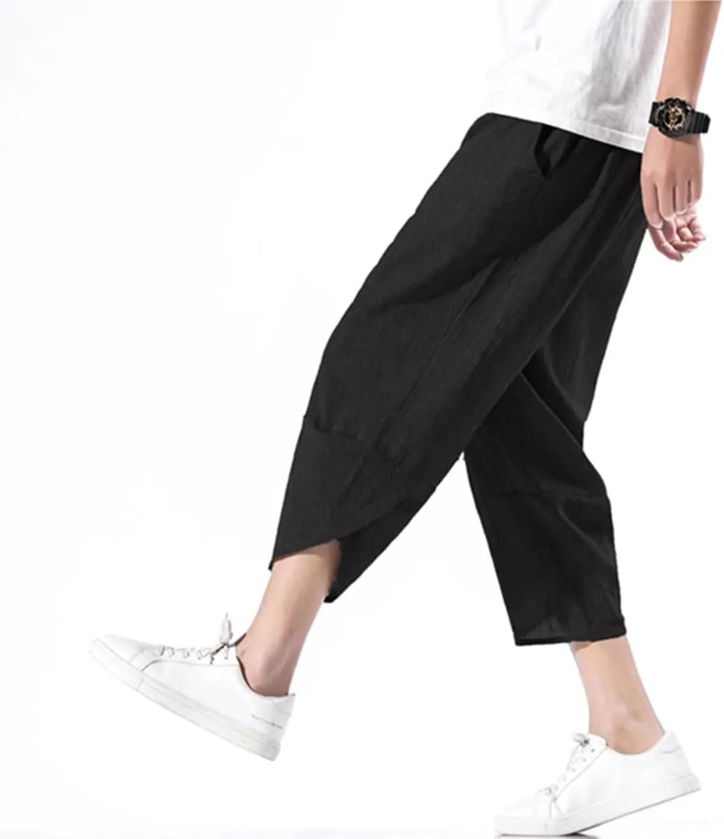 INVACHI Men's Casual Elastic Waist Linen Capri Pants Wide Leg Baggy Cotton Harem Yoga Trousers