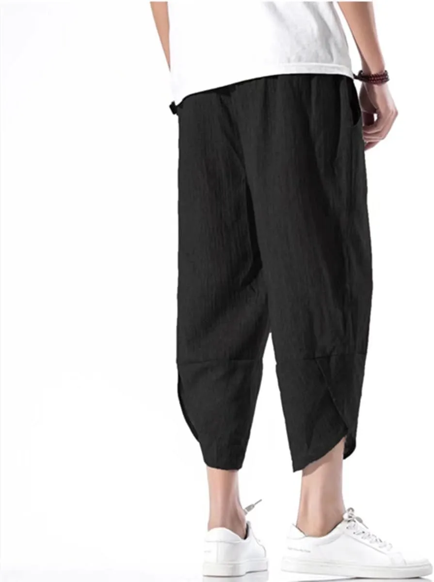 INVACHI Men's Casual Elastic Waist Linen Capri Pants Wide Leg Baggy Cotton Harem Yoga Trousers