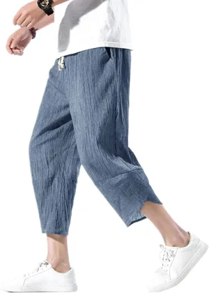 INVACHI Men's Casual Elastic Waist Linen Capri Pants Wide Leg Baggy Cotton Harem Yoga Trousers