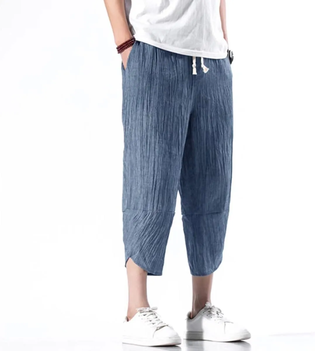 INVACHI Men's Casual Elastic Waist Linen Capri Pants Wide Leg Baggy Cotton Harem Yoga Trousers