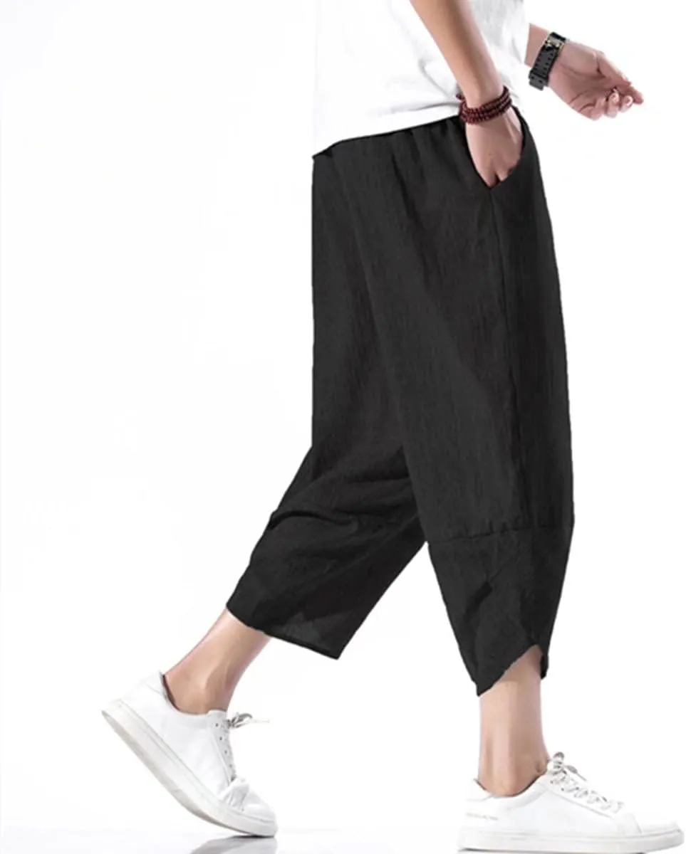 INVACHI Men's Casual Elastic Waist Linen Capri Pants Wide Leg Baggy Cotton Harem Yoga Trousers