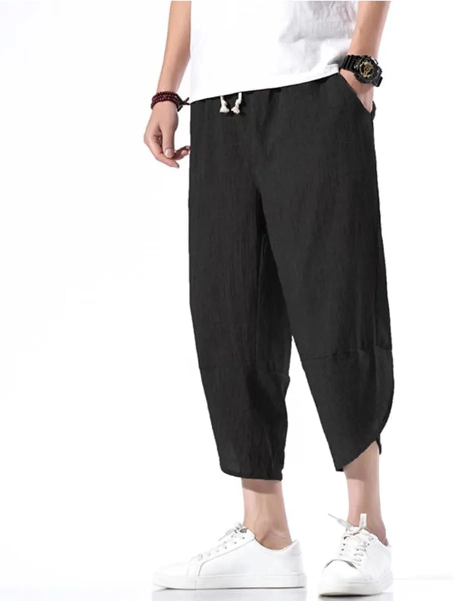 INVACHI Men's Casual Elastic Waist Linen Capri Pants Wide Leg Baggy Cotton Harem Yoga Trousers