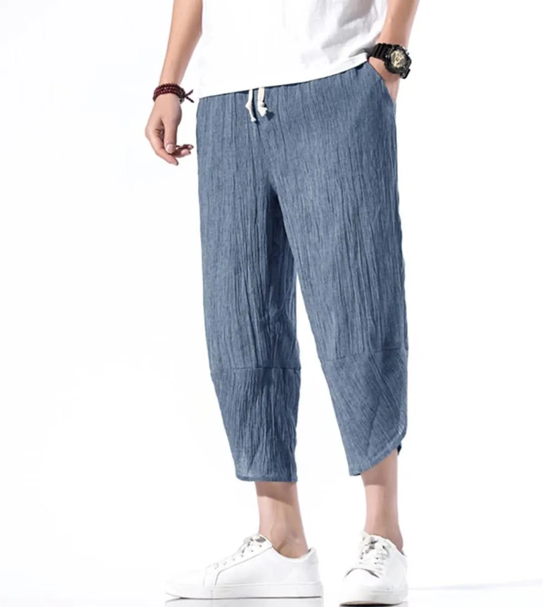 INVACHI Men's Casual Elastic Waist Linen Capri Pants Wide Leg Baggy Cotton Harem Yoga Trousers