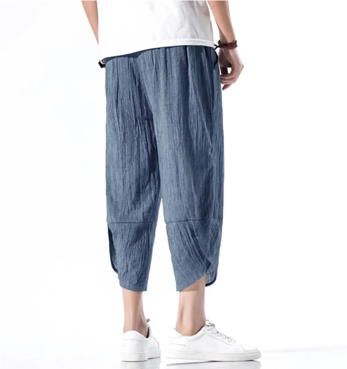 INVACHI Men's Casual Elastic Waist Linen Capri Pants Wide Leg Baggy Cotton Harem Yoga Trousers