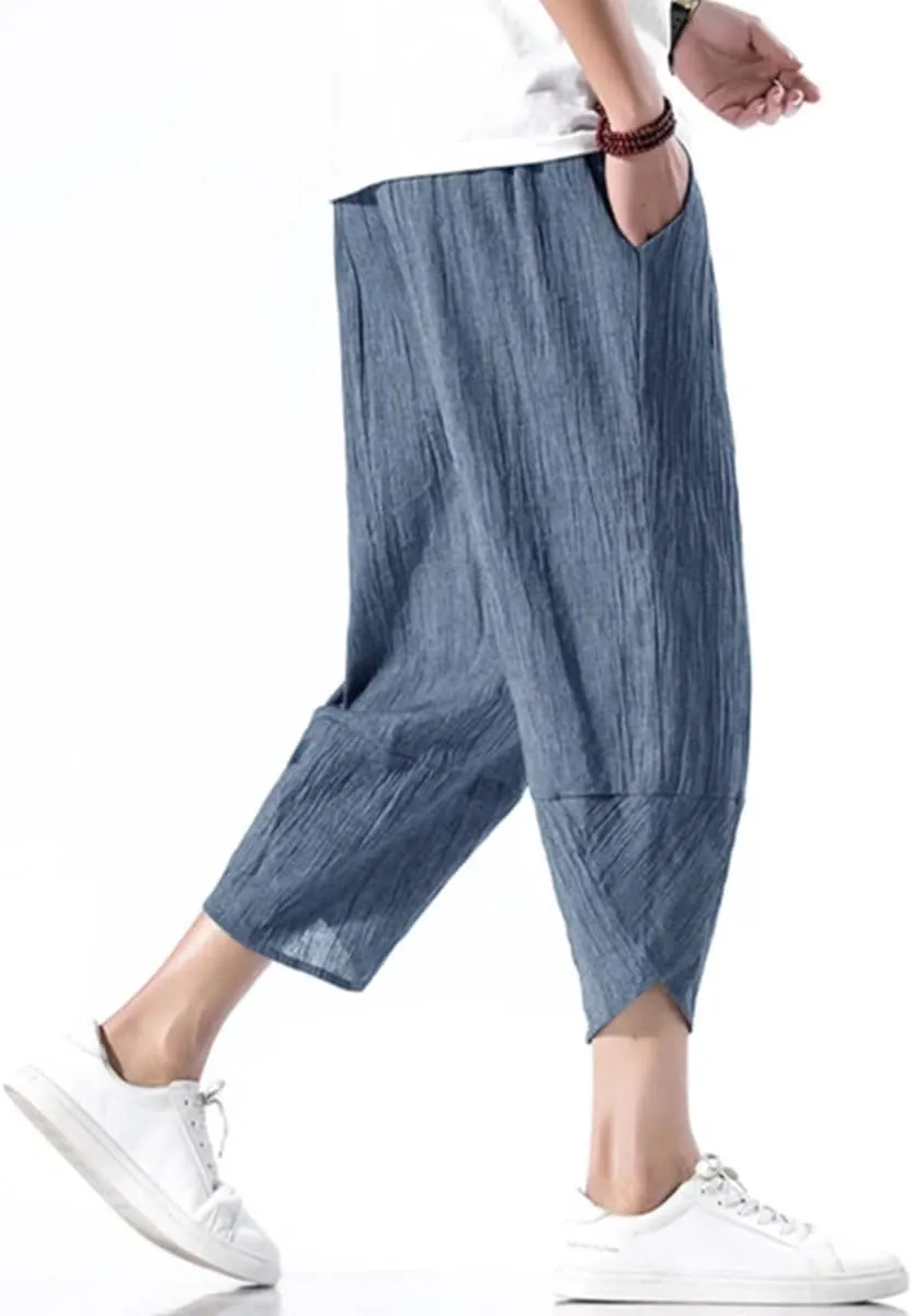 INVACHI Men's Casual Elastic Waist Linen Capri Pants Wide Leg Baggy Cotton Harem Yoga Trousers