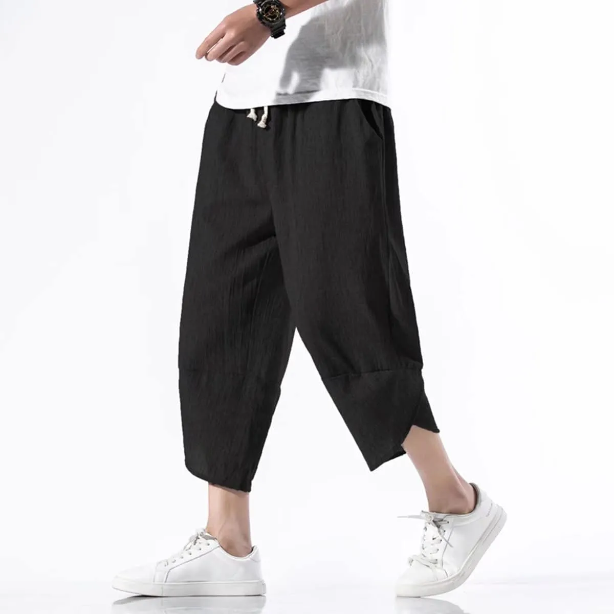 INVACHI Men's Casual Elastic Waist Linen Capri Pants Wide Leg Baggy Cotton Harem Yoga Trousers