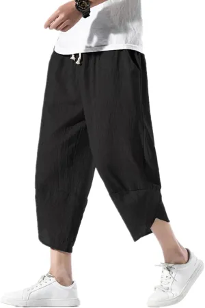 INVACHI Men's Casual Elastic Waist Linen Capri Pants Wide Leg Baggy Cotton Harem Yoga Trousers