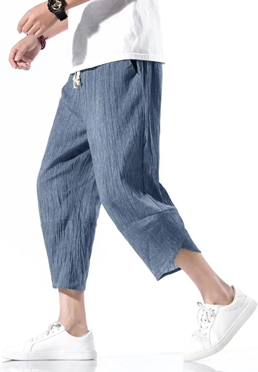INVACHI Men's Casual Elastic Waist Linen Capri Pants Wide Leg Baggy Cotton Harem Yoga Trousers