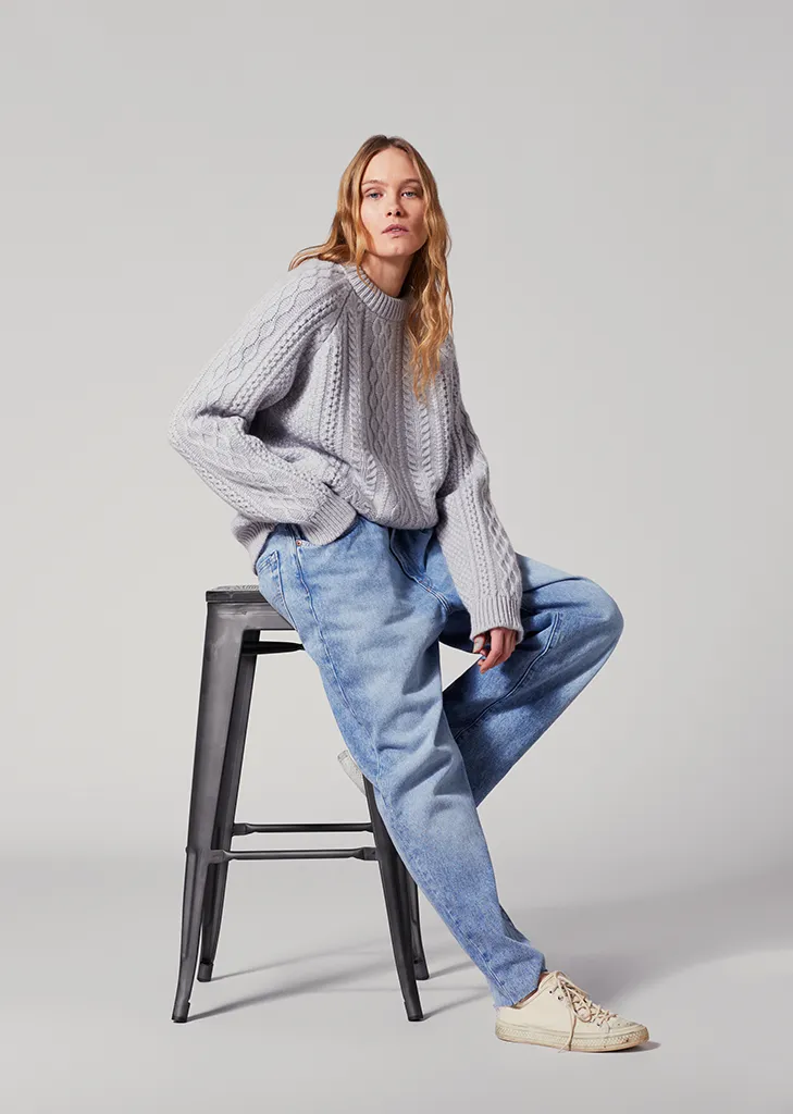 Isla Cable Knit Crew Sweater — Grey