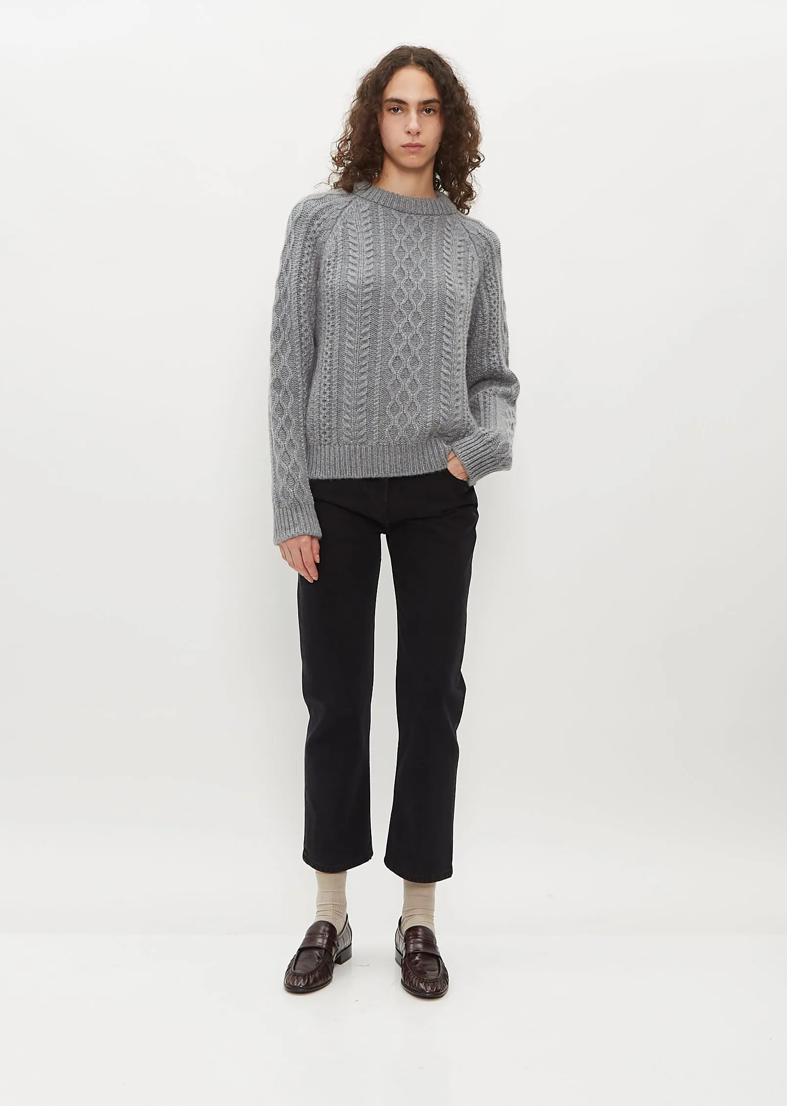 Isla Cable Knit Crew Sweater — Grey