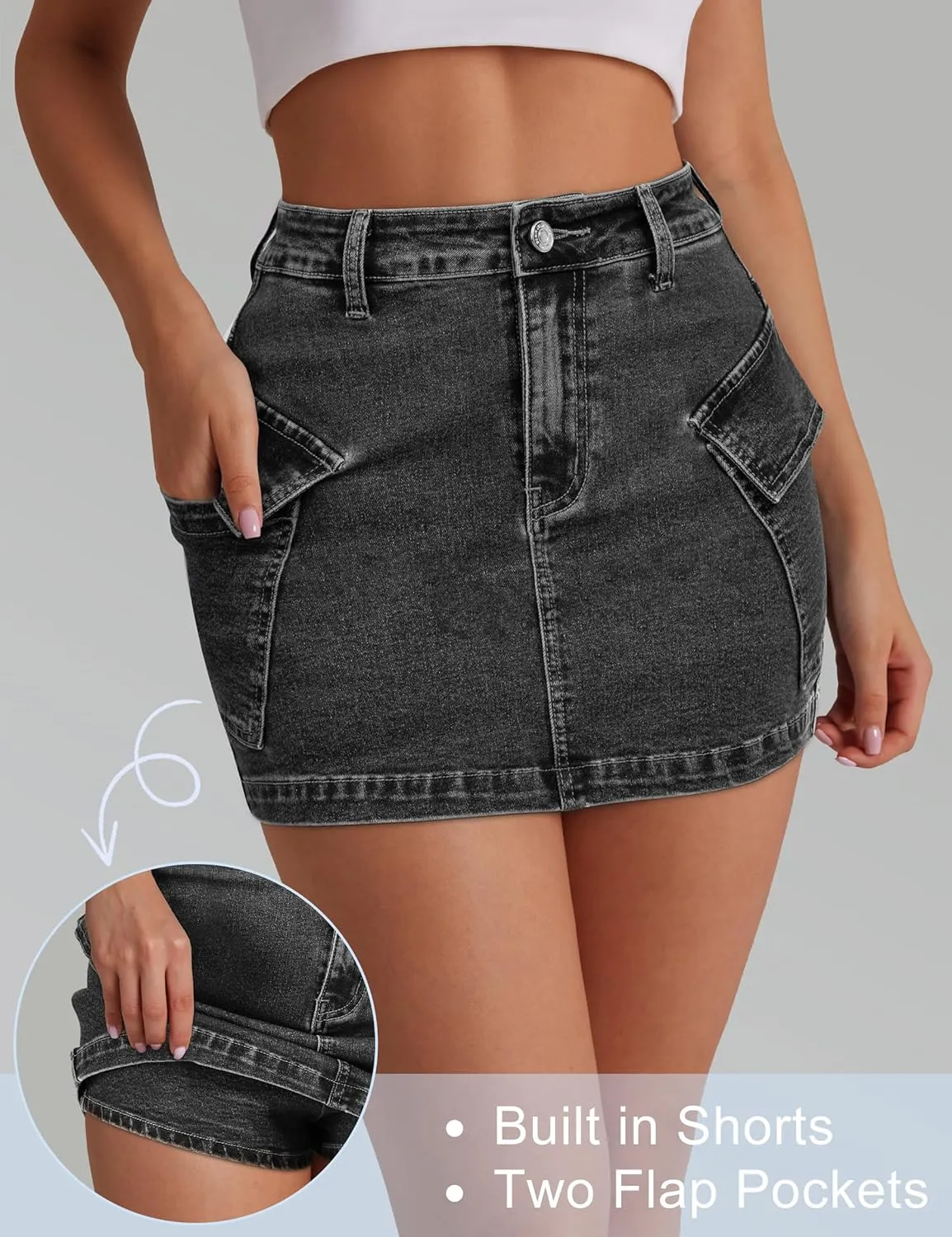 Jean Skirts for Women Denim Skirt Stretchy Jean Skort High Wasited Cargo Mini Denim Skirt with Flap Pockets