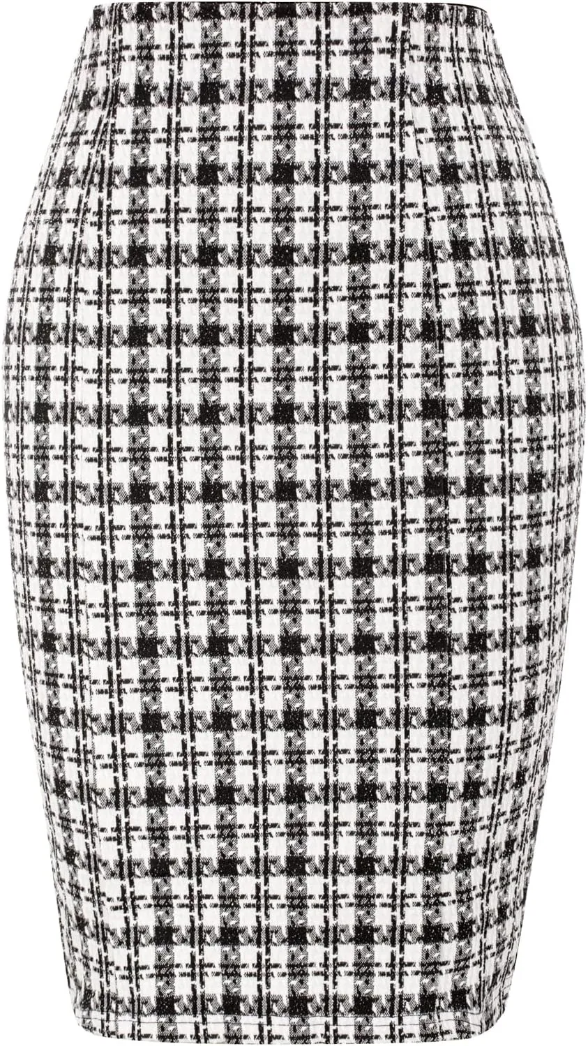 Kate Kasin Womens Knee Length Elastic Waist Stretchy Bodycon Business Tweed Pencil Skirt