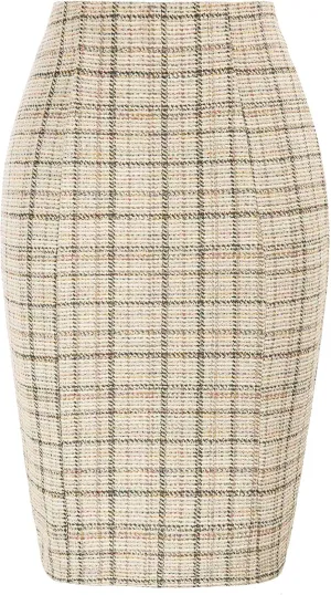 Kate Kasin Womens Knee Length Elastic Waist Stretchy Bodycon Business Tweed Pencil Skirt