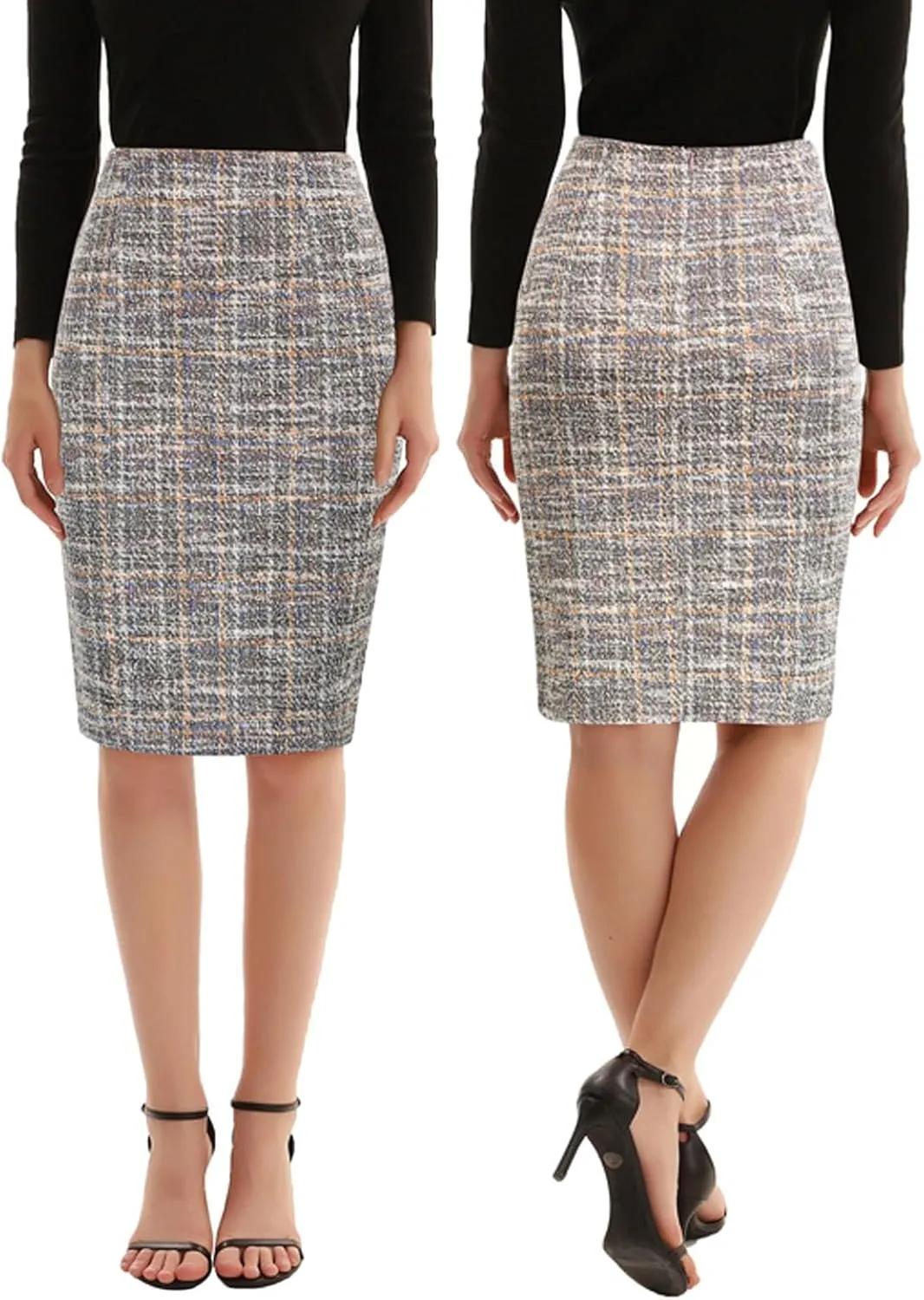 Kate Kasin Womens Knee Length Elastic Waist Stretchy Bodycon Business Tweed Pencil Skirt