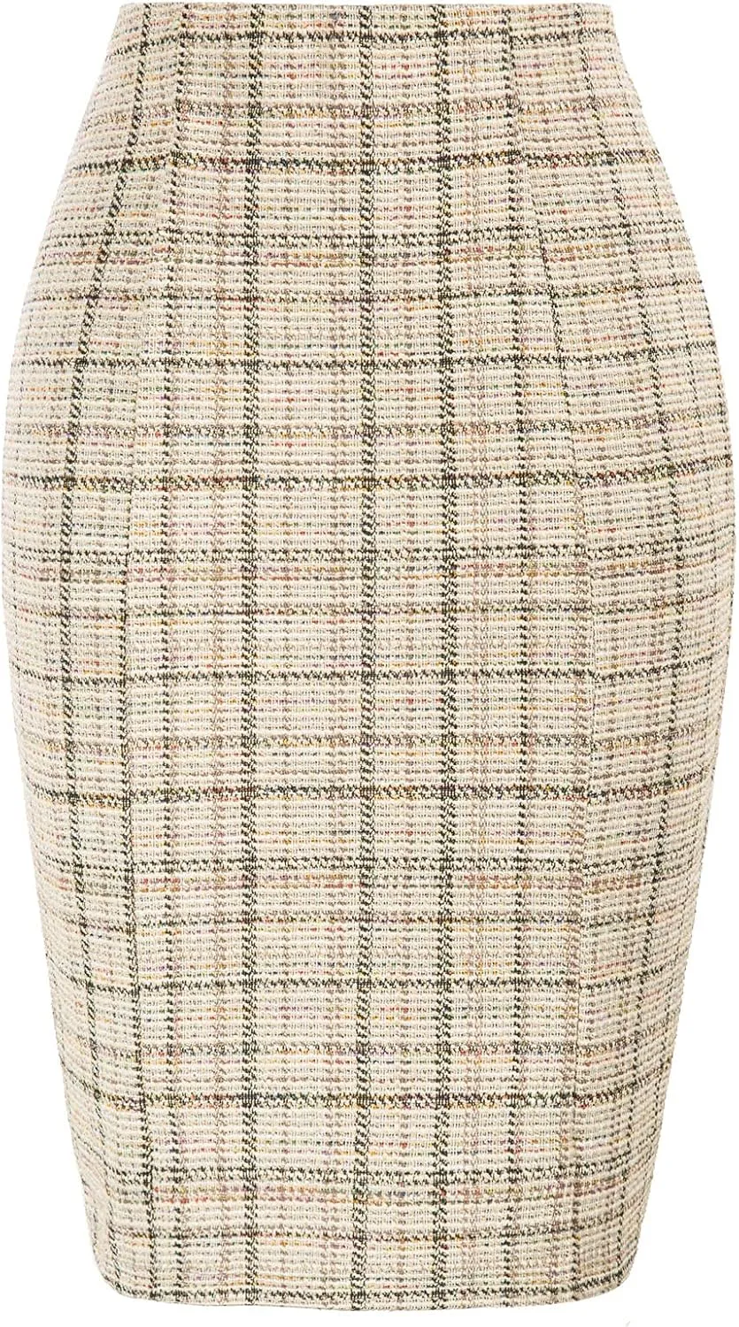 Kate Kasin Womens Knee Length Elastic Waist Stretchy Bodycon Business Tweed Pencil Skirt