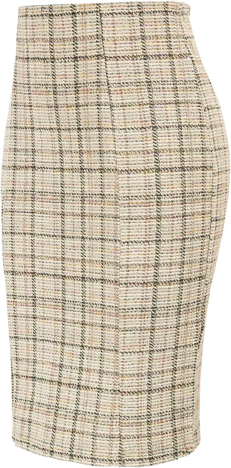 Kate Kasin Womens Knee Length Elastic Waist Stretchy Bodycon Business Tweed Pencil Skirt