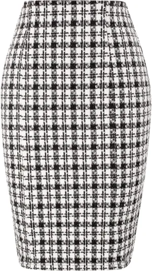Kate Kasin Womens Knee Length Elastic Waist Stretchy Bodycon Business Tweed Pencil Skirt