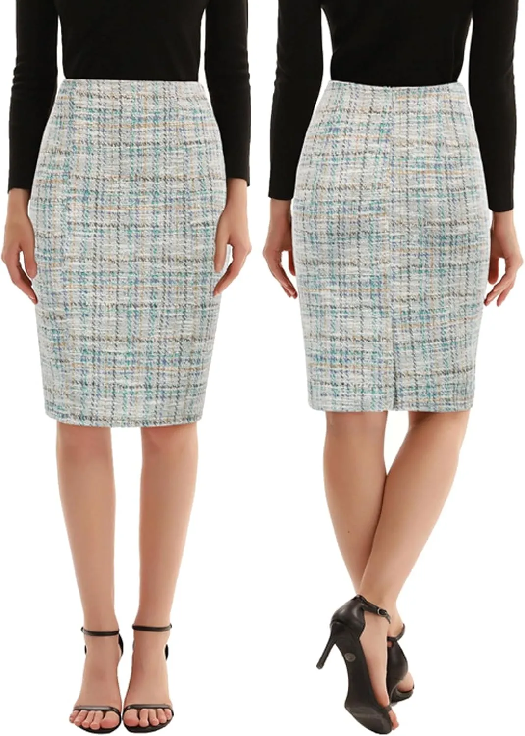 Kate Kasin Womens Knee Length Elastic Waist Stretchy Bodycon Business Tweed Pencil Skirt