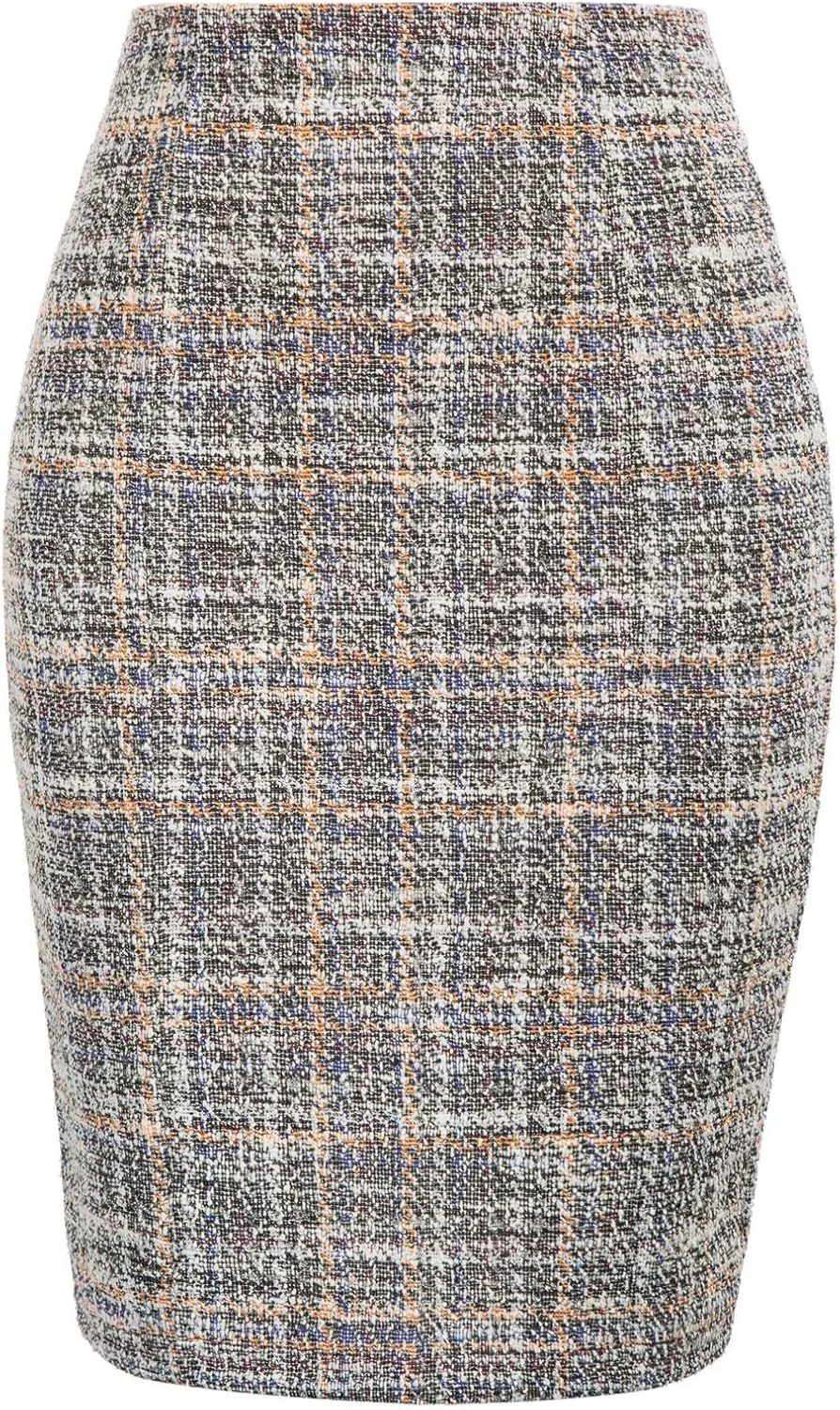 Kate Kasin Womens Knee Length Elastic Waist Stretchy Bodycon Business Tweed Pencil Skirt