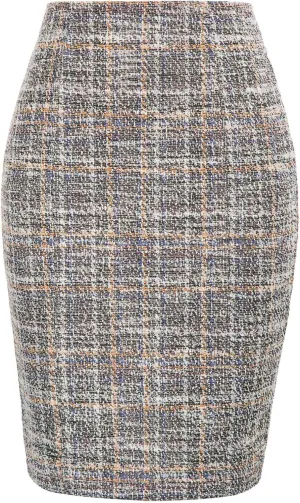 Kate Kasin Womens Knee Length Elastic Waist Stretchy Bodycon Business Tweed Pencil Skirt