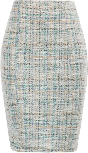 Kate Kasin Womens Knee Length Elastic Waist Stretchy Bodycon Business Tweed Pencil Skirt