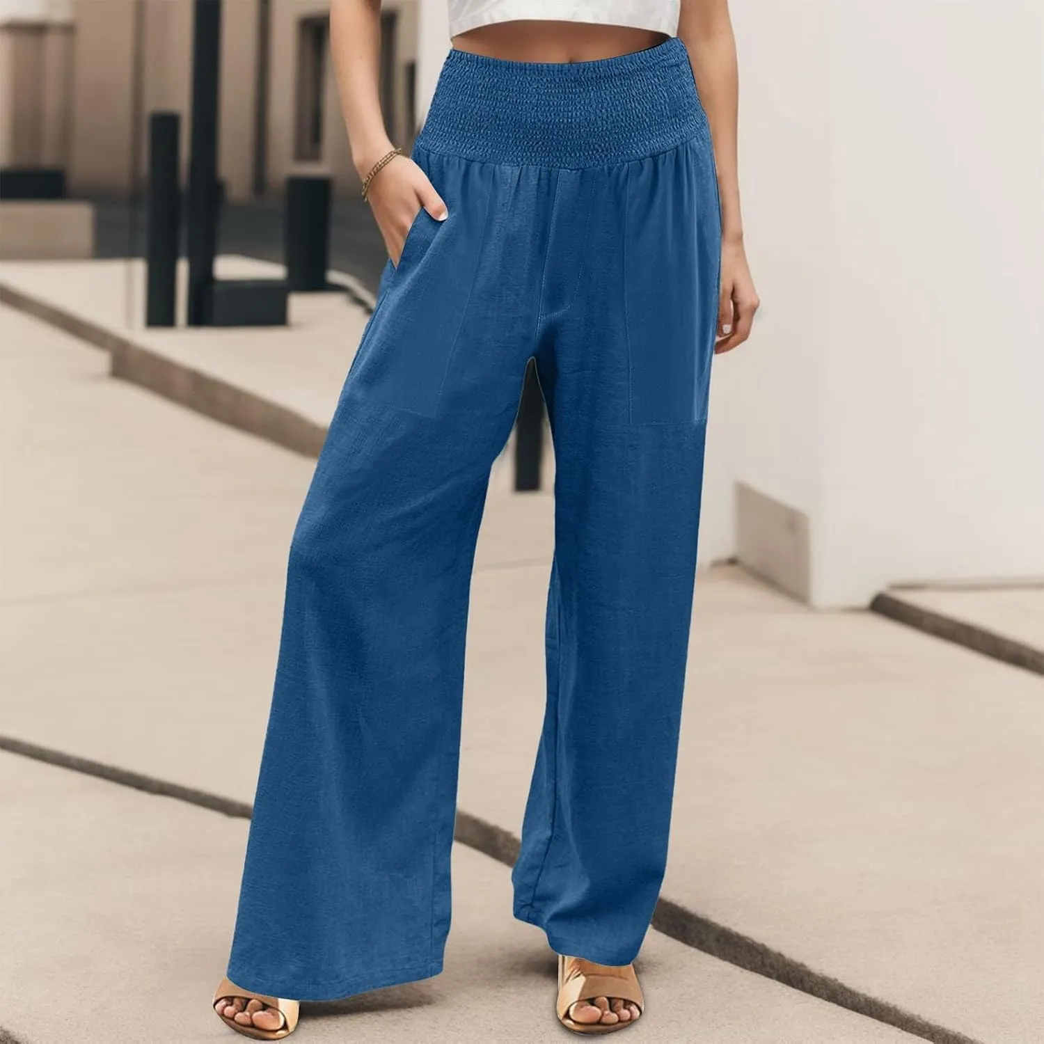 Khaki Linen Pants Women Wide Leg Flowy Breathable Friends' Gathering Beach Pants Spring Themed Party Casual Trousers