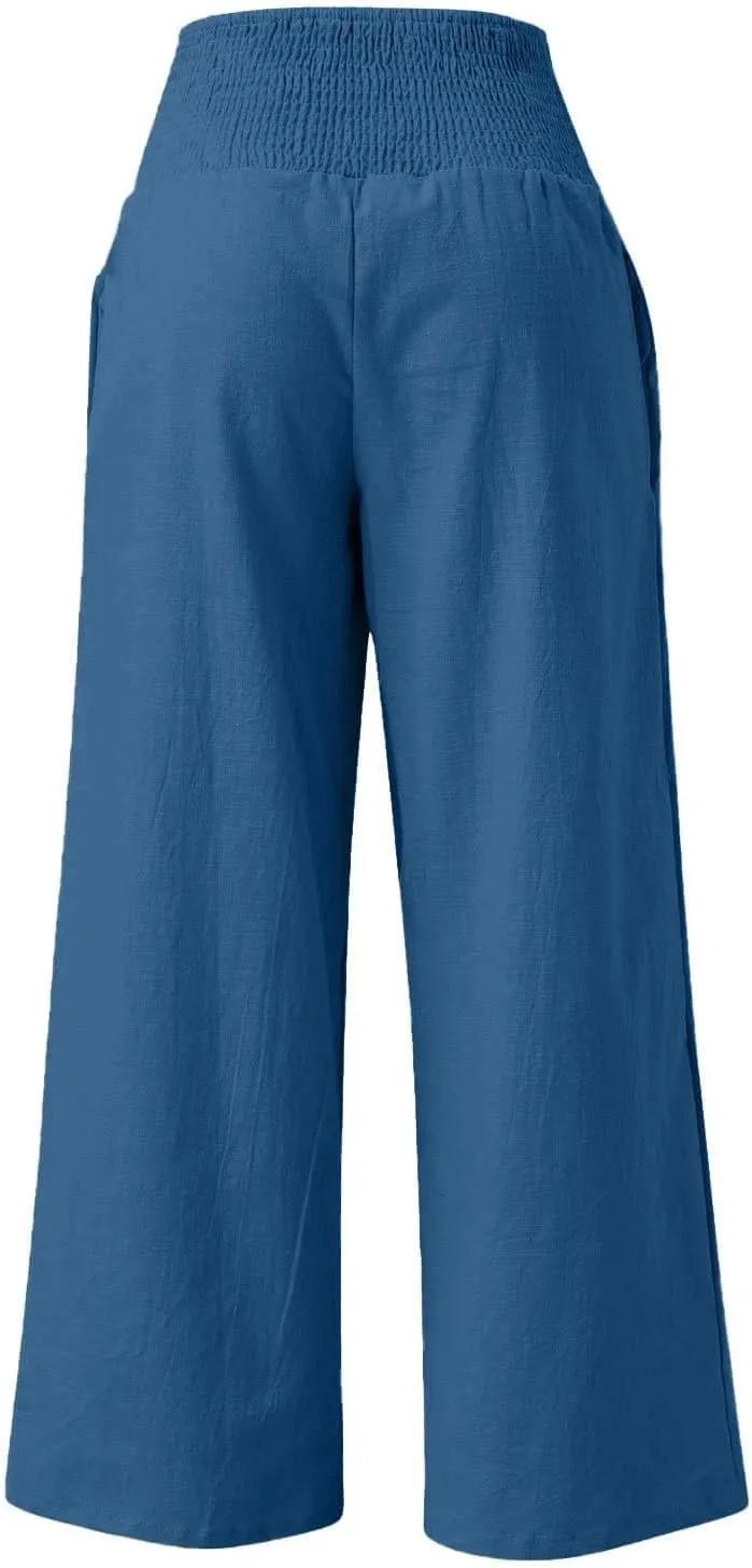 Khaki Linen Pants Women Wide Leg Flowy Breathable Friends' Gathering Beach Pants Spring Themed Party Casual Trousers